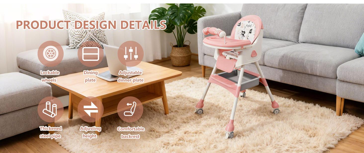 3-In-1 High Chair for Baby Portable Convertible Set with Snap Button Comfortable Collapsible Anti-Lop Design Double-Layer Tray & Toy Rack Perfect Christmas Gift double removable tray travel foldable high chair space-saving design
