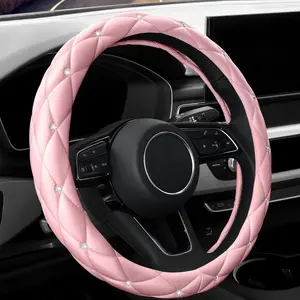 Diamond Soft Leather Steering Wheel Cover with Bling Bling Crystal Rhinestones, Universal 15 inch Anti-Slip, Car Interior Accessories Black/Pink