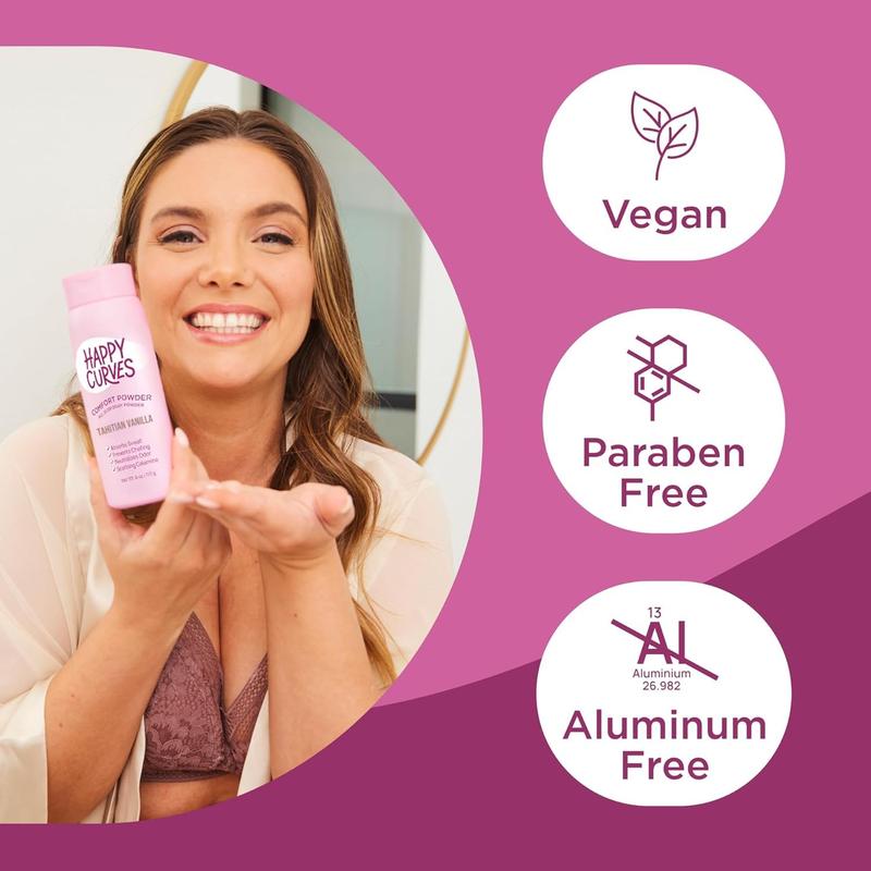 HAPPY CURVES Comfort Powder: Talc Free Anti Chafe Body & Foot Dusting Powder Deodorant for Inner Thigh Chafing, Private Areas, and All Over Body for Women (4 Ounce (Pack of 1), Tahitian Vanilla)