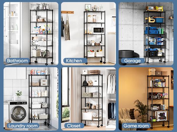5 Tier Heavy-Duty Adjustable Wire Shelving Unit with Casters Ideal for garages, kitchens, pantries, laundry rooms, and office storage Easy assembly Dimensions: 23“W × 13”D × 60"H Black