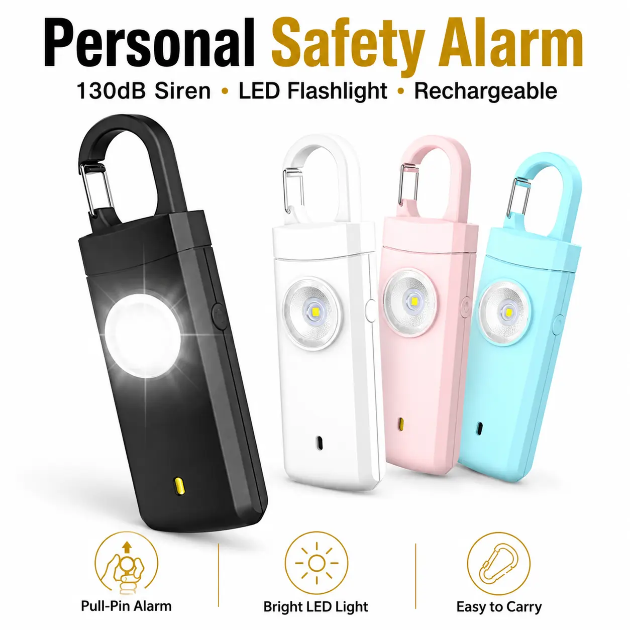 130dB Emergency Alarm Keychain, Rechargeable Personal Alert Device with LED Light for Night Walking, Solo Travel, Students, Seniors & Daily Use