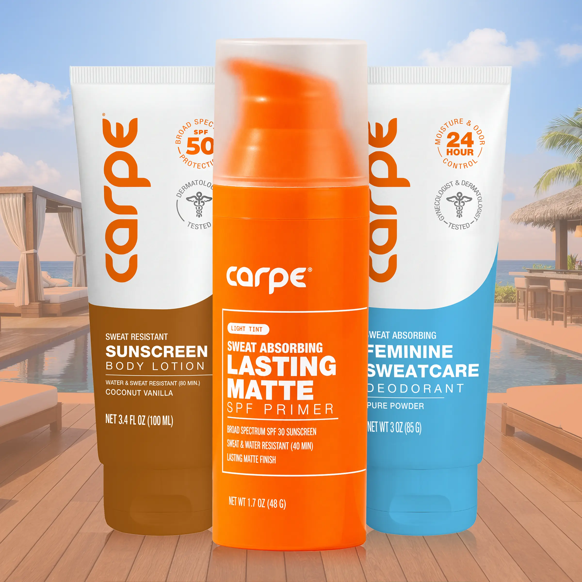 Carpe Hot Girl Summer Set - Sweat Resistant SPF50 Sunscreen, Feminine Deodorant & Matte Face Primer