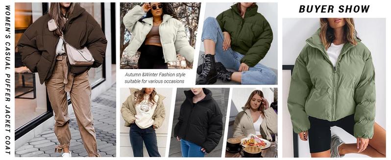 Polu Women's Winter Cropped Puffer Jacket Oversized Long Sleeve Full Zip Puffy Coat Warm Quilted Jacket with Pockets