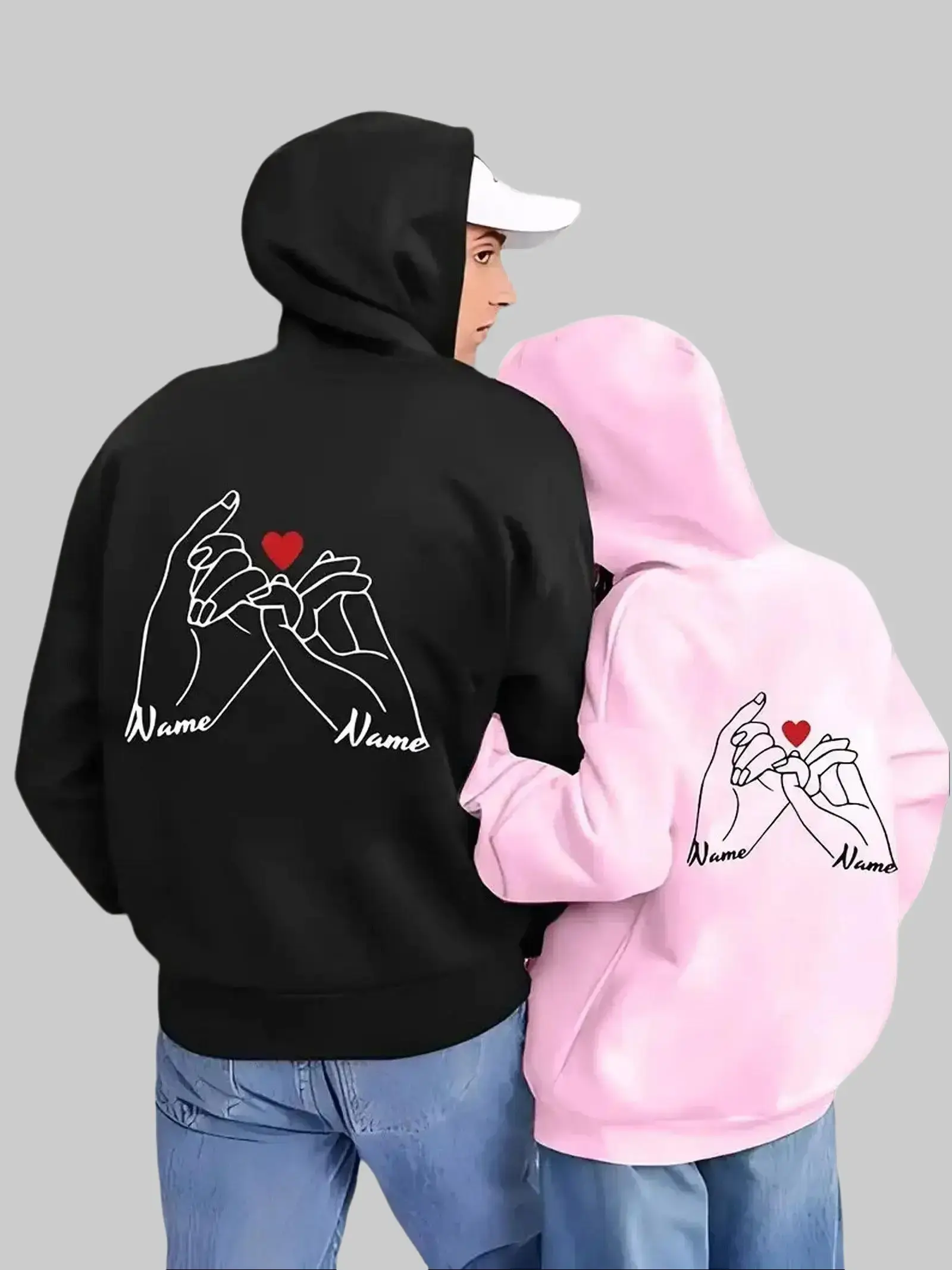 Couple Hoodie with Heart Design - Name Customized, Pockets Matching Outfits Hoodies, T-Shirt Pullover for Women for Men Unisex, Perfect Gift Anniversary Clothes
