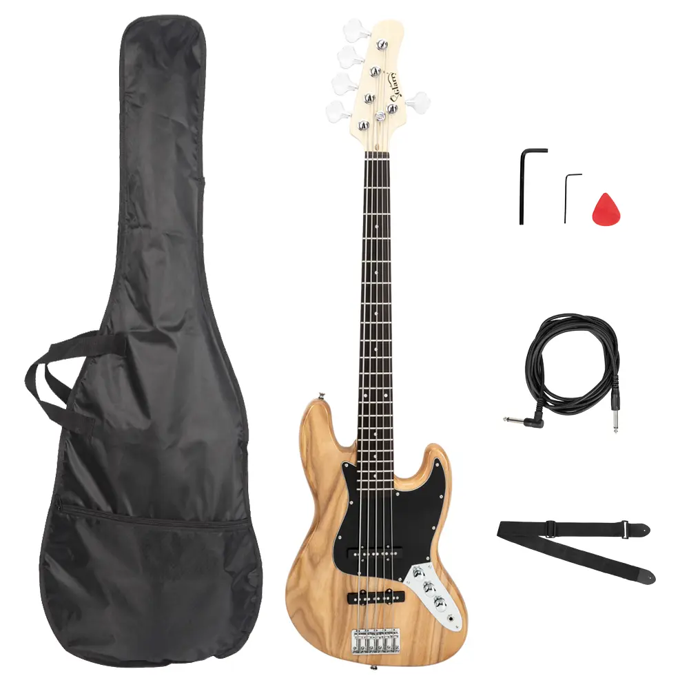 34 Inches Full Size Wooden 5-String Electric Bass Guitar - Burlywood, with Adjustable Strap, Bass Bag, Synthetic Pick, Durability-Focused Wrench Tool