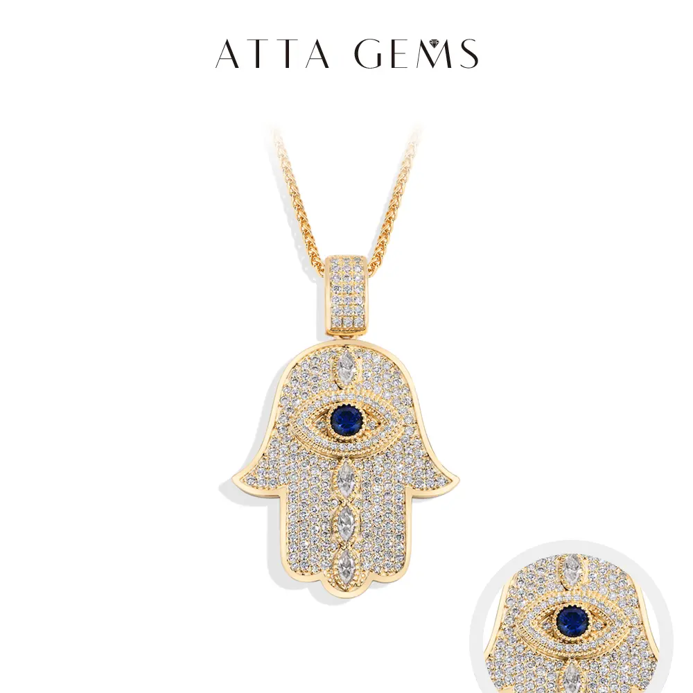 925 Sterling Silver Synthetic VVS1 Color D Moissanite Pendant Necklace - Hamsa Eye Symbolic Protection, Protective, Auspicious Unisex Fine Jewelry by Guangzhou Atta Gems Co., Ltd - Casual Daily Wear Accessory, Party Gift N048