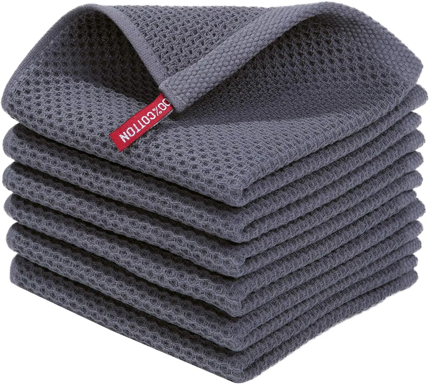 100% Cotton Waffle Knit Cleaning Dish Cloths Set for Hostess - Solid Color, Ultra Soft, Lightweight, Super Absorbent, Quick-Drying, Long-Lasting (6-Pieces, 12x12 in, Dark Grey, Cold Wash, Do Not Bleach) Kitchen Towels, Durable
