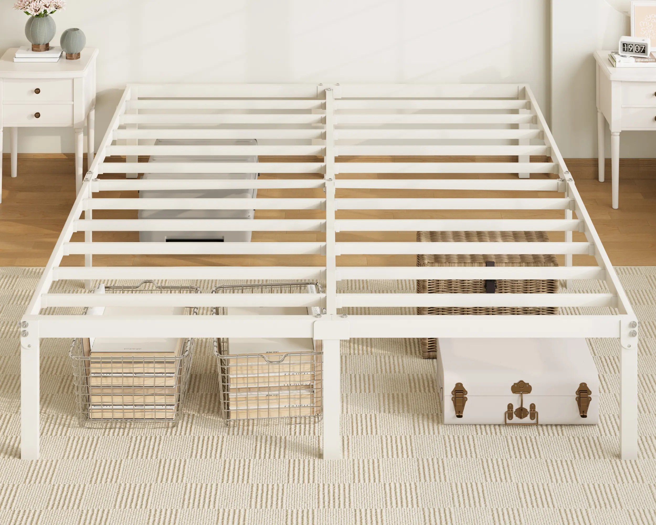 Allewie Queen Bed Frame - 14in Rectangular Metal Frame with Storage Space, No Box Spring Needed, Easy Assembly, White