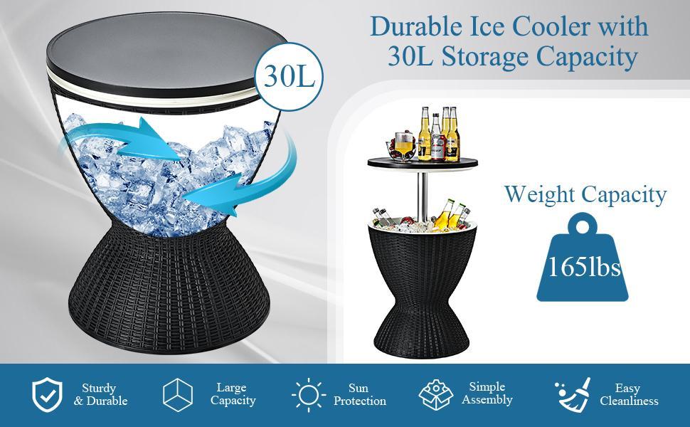[Costway] Cool Bar Table, 4/8/10 Gallon Beer and Wine Cooler, Rattan Style Patio Bar Tables, Height Adjustable, 3-in-1 Ice Cooler with Drainage Plug, Outdoor Cocktail Table for Deck Pool Party-Deals for You Days