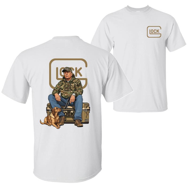 The 47th President Trump Holding a Glock Sitting Next to a Hunting Dog Shirt, Camo Hunting Season Crewneck Unisex Cotton T-shirt 052