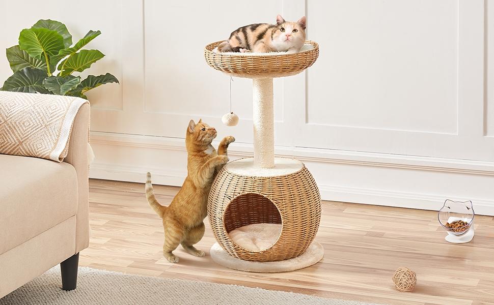 【On Sale】Yaheetech 54in Rattan Cat Tree Tower with Luxury Woven Condo, Clear Bowl, Washable Cushions, and Scratching Posts, Cat Furniture for Indoor Cats