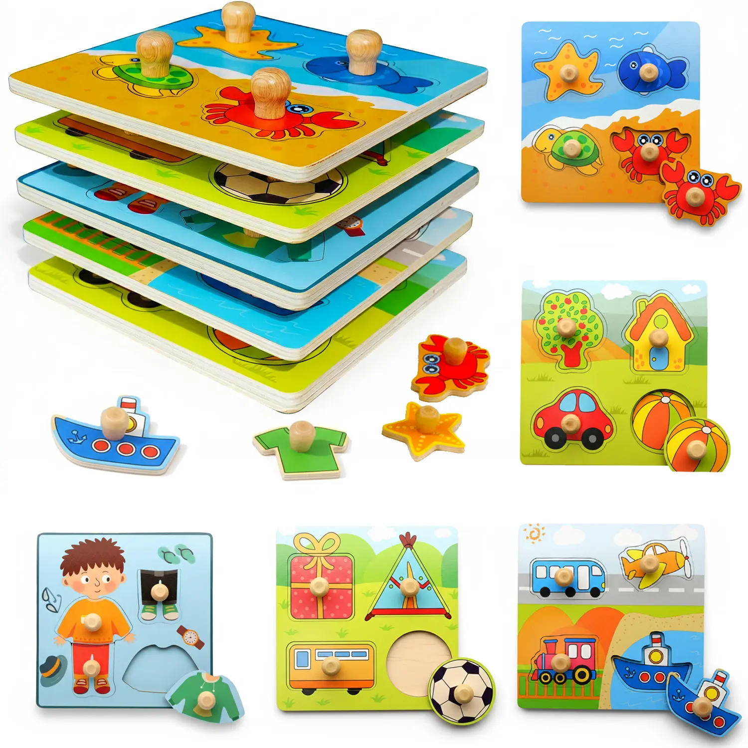 Wooden Montessori Peg Puzzle Set - 20pc (5 Sets) Interactive Flash Cards, Shape Sorting Game, Educational Toys for 3-4 Years Gift Ideas for Kids with 5 Puzzle Themes, Alphabet, Number, Dino+Vehicle Play Designs, Toddler
