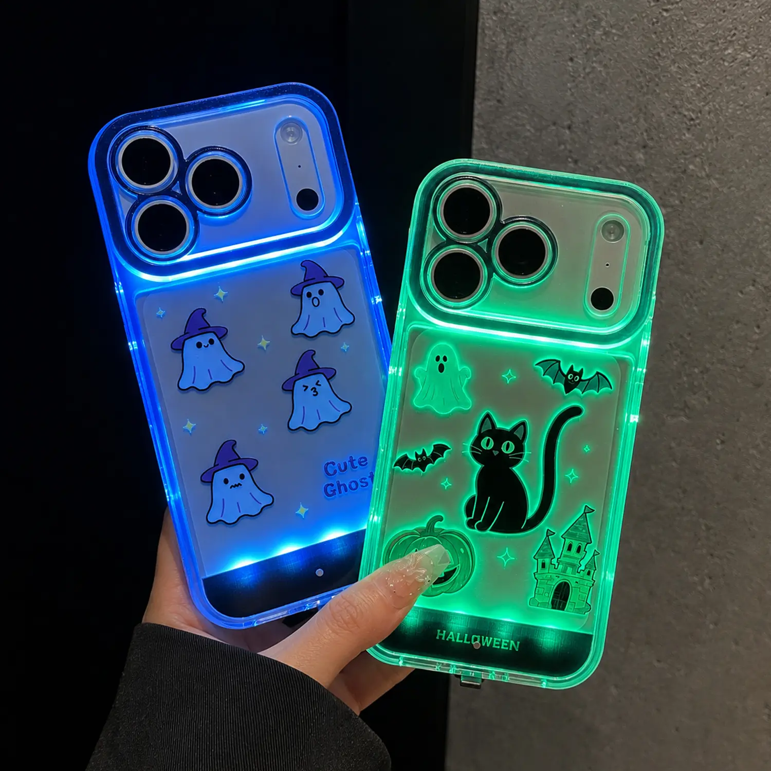 Halloween Phone Case with Ghost and Cat Designs - Blue and Green Glow-in-the-Dark Protective Cover for iPhone 17 Pro Max 16 15 14 13 12 11