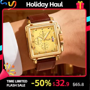 SKMEI Fashion Trendy watches for men 47Mm Square Case 3ATM Waterproof Leather Strap Calendar & Timing Function Luminous