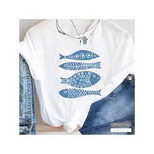 Women's 100% Graphic Fish Print T-Shirt - Casual Crewneck Tee with Blue Fish Design, Lightweight & Breathable for Summer, Perfect Gift for Women/Mom/Family, Fish Shirt