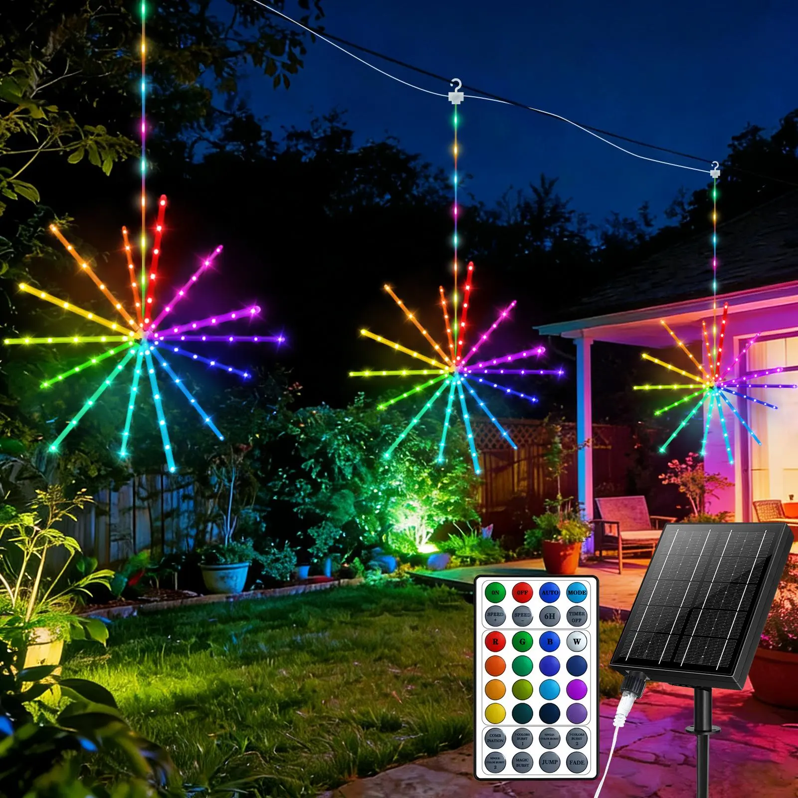 3pcs Novelty Lighting Set - Solar Powered Outdoor Patio Hanging Lights, Colorful LED Starburst/Meteor/Chandelier Lights with 368 LEDs, 84 Modes for Patio Garden Parties, Christmas Camping