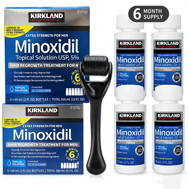 Kirkland Minoxidil 5% Extra Strength 1 to 6 MonthsSupplyWith DermaRoller 0.5MM Men's Hair Growth SerumHairCareDaily Pack Frizz Comfort