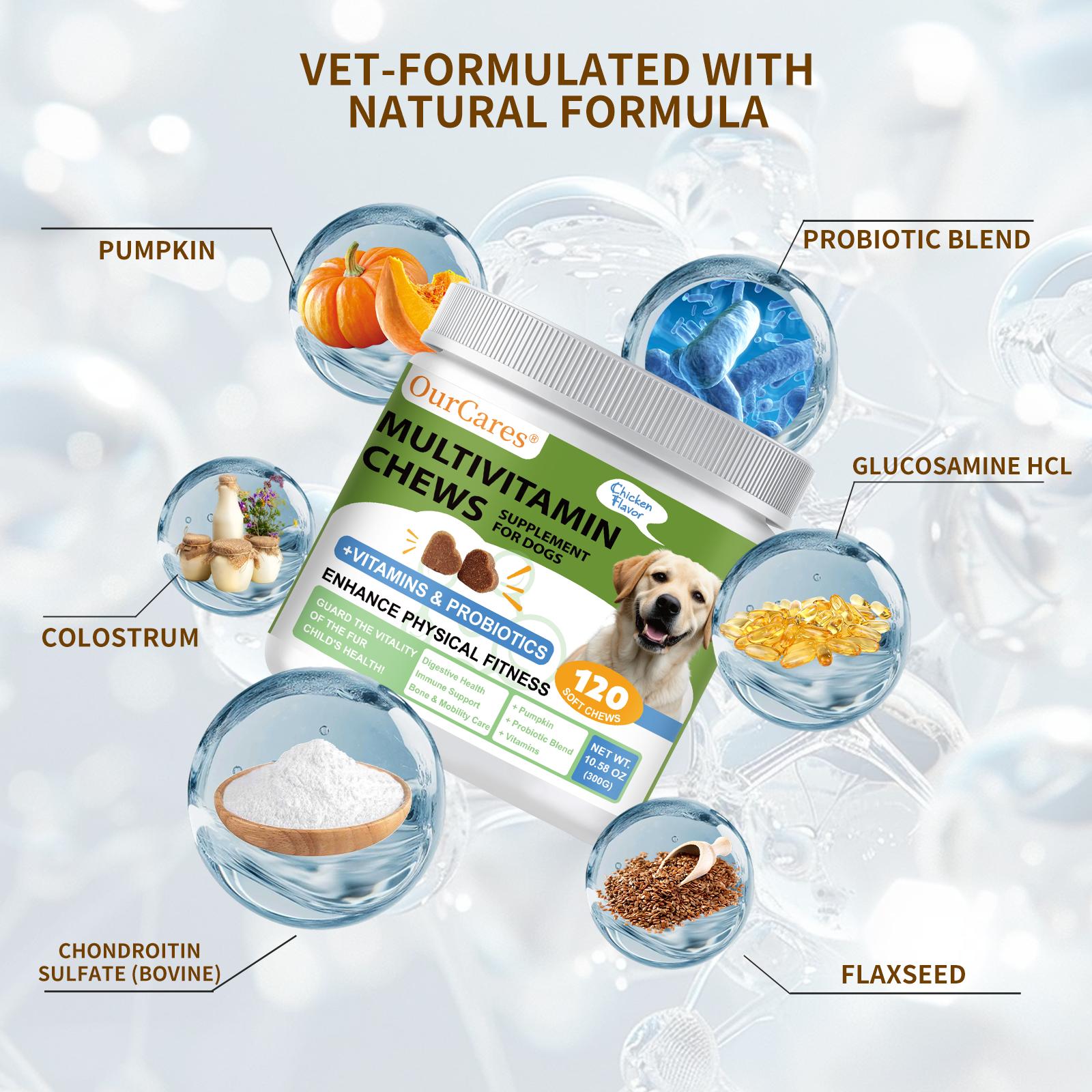 OurCares Dog Multivitamin Supplements 120 Count Dog Multivitamin Chewable  Immune Joint Support Skin Gut Health Glucosamine & Probiotics - Safe for Senior & Puppy Multivitamin - Chicken Flavor Pet Daily Chews Snacks