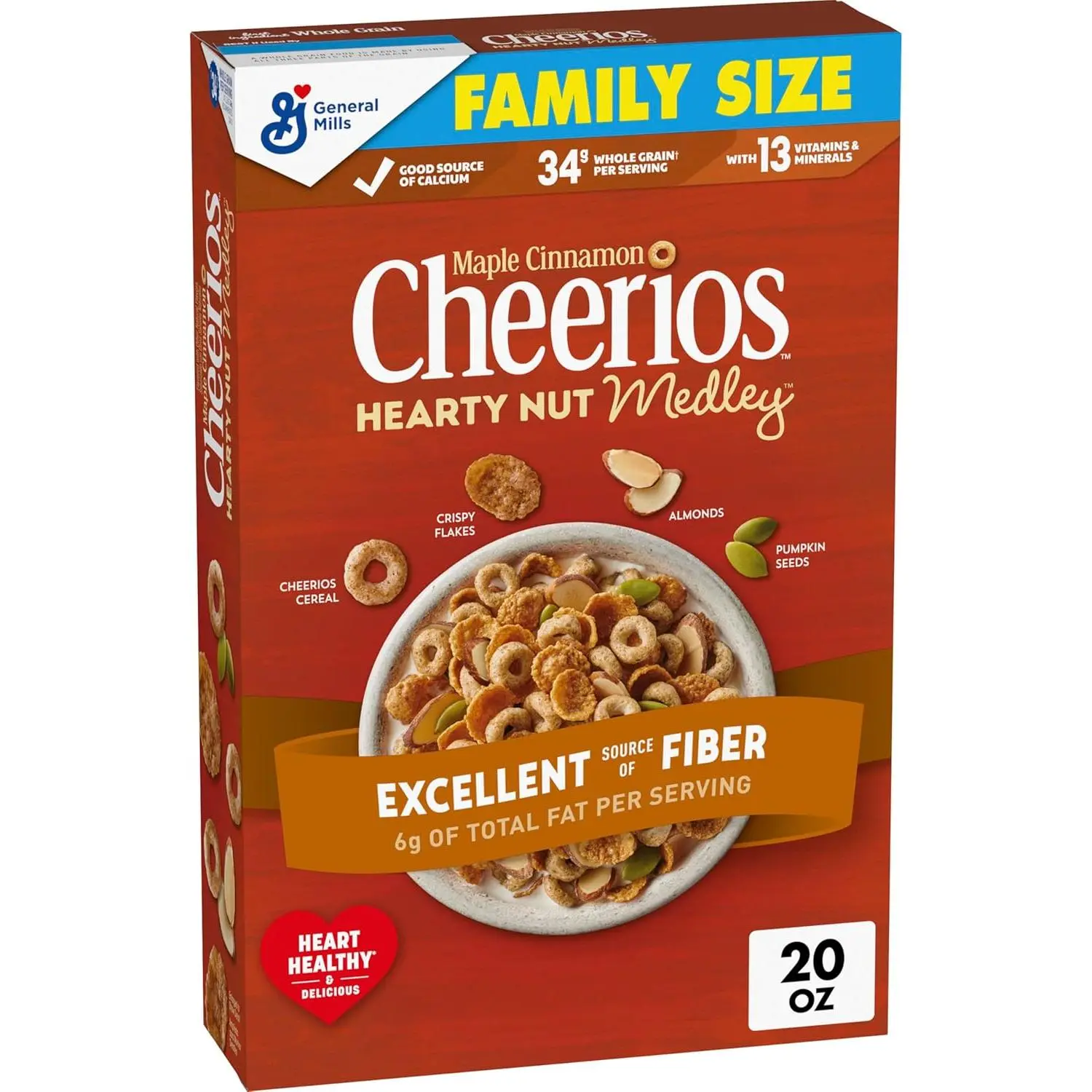 Cheerios Hearty Nut Medley Breakfast Cereal, Maple Cinnamon, Made with Whole Grain, Family Size, 20 oz