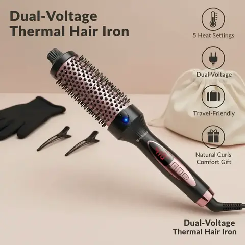 1.5 Inch Thermal Brush Hair Styling Tool - Plug-Powered Curling Iron with 5 Temp Levels, 100V–240V Dual Voltage, Rapid Heat-Up, Travel-Friendly for Curly Hair, Beach Waves, black friday sale woman gift