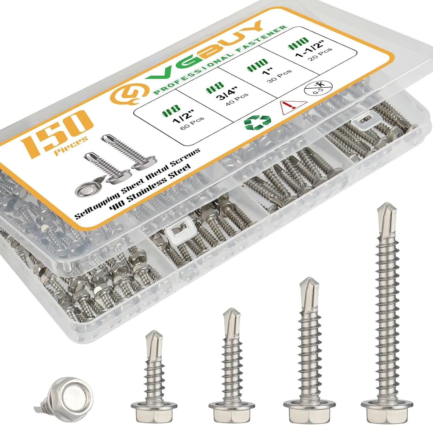 150-Count 410 Stainless Steel Hex Washer Self-Drilling Screws Assortment Kit, Hex Drive #8 1/2"-3/4", #10 1"-1-1/2" Self-Tapping Screws for Metal, HVAC, Metal Roofing, Ductwork