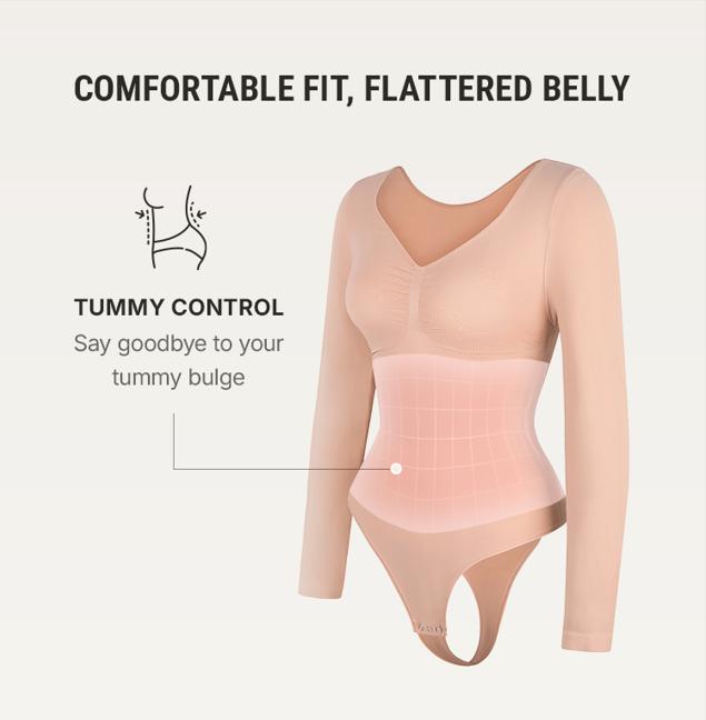 FeelinGirl Womenswear Seamless Long Sleeve Thong Bodysuit for Tummy Control V Neck Going Out Fabric Comfortable Springtok Casual Breathable