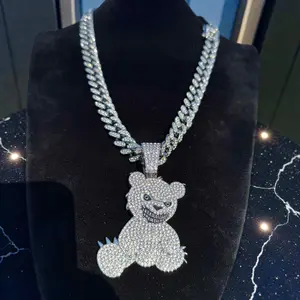 Iced Out Aggressive Bear Pendant  | Silver CZ | Miami Cuban Chain | 18”