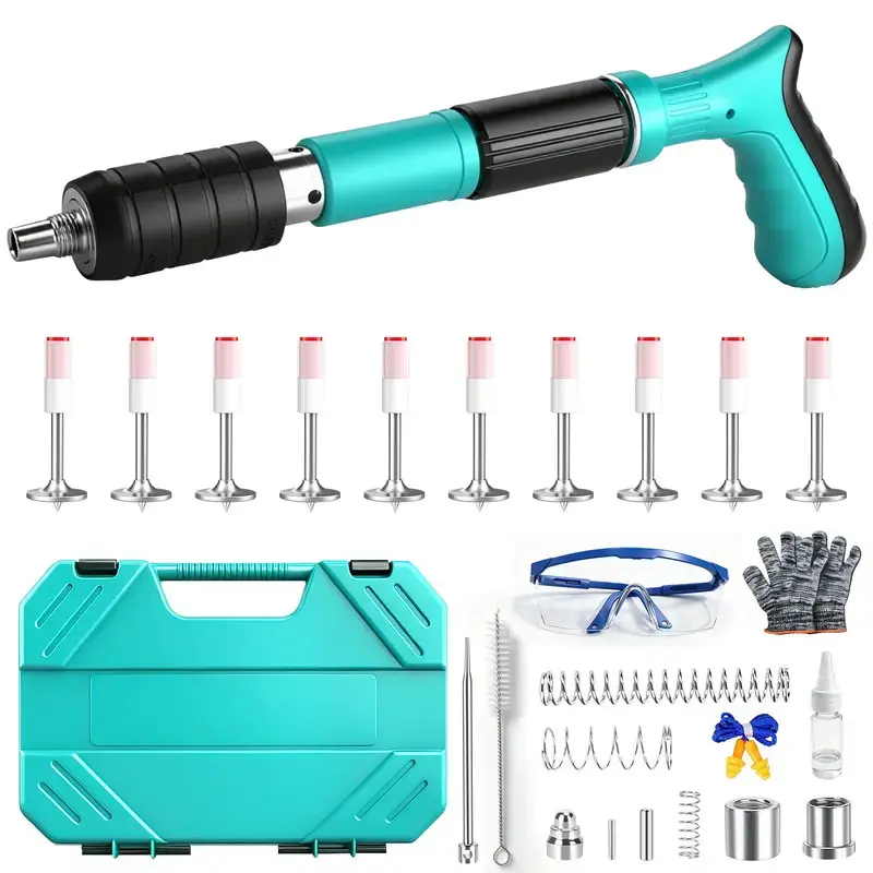 Multi functional integrated pneumatic nail suitable for woodworking decoration construction, concrete nail gun kit equipped with 50/100 steel nails, adjustable manual steel nail gun can be used for wall fixing operations