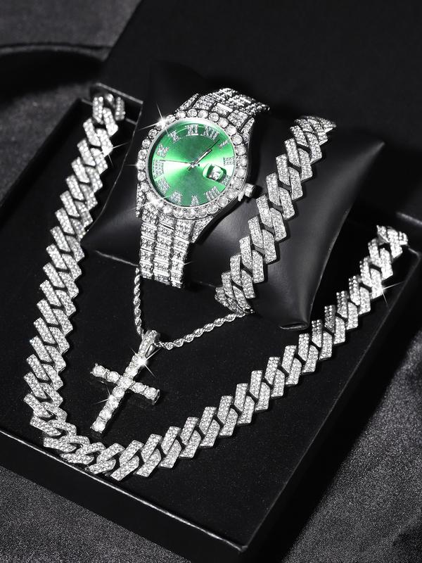 Luxury Punk Watch Set with Necklace Bracelet Cross Pendant, Analog Quartz Movement, Adjustable Strap, Unisex Gift Box for All Seasons, Fashionable Jewelry Set