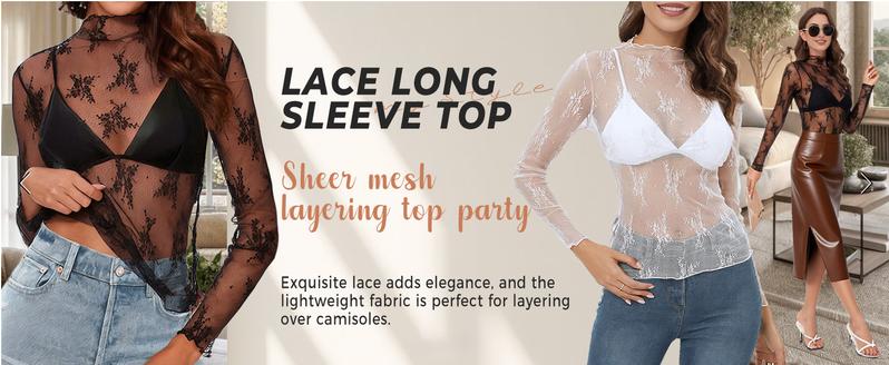 Naeduo Womens Mesh Tops Lace Long Sleeve Mock Neck Blouse Floral Sheer See Through Sexy Tops Shirt with Thumb Hole