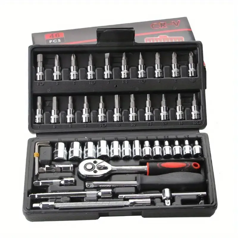46Pcs Tool Set, Car Repair Machinery Tools, Household Machinery Tools, Car and Bicycle Repair Tools, 1/2 * 1/4 "3/8" Drive Depth and Standard Socket, Ratchet Torque Wrench Screwdriver Socket Combination Tool,Gift for Dad, Tool Box, Ratcheting Wrench Set