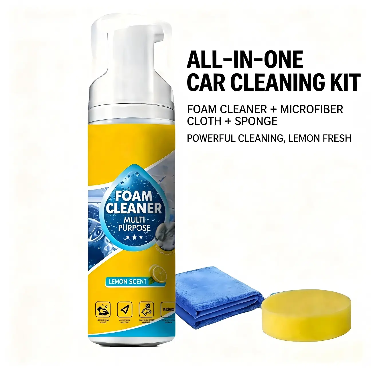 Multi-Purpose Car Foam Cleaner Kit - Car Detailing Product, Surface Cleaner for Interiors & Home Plastic, Fabric Items, Includes 1 Cloth + 1 Sponge for Deep Stain Removal, Car Detailing Products, Car Upholstery Cleaner