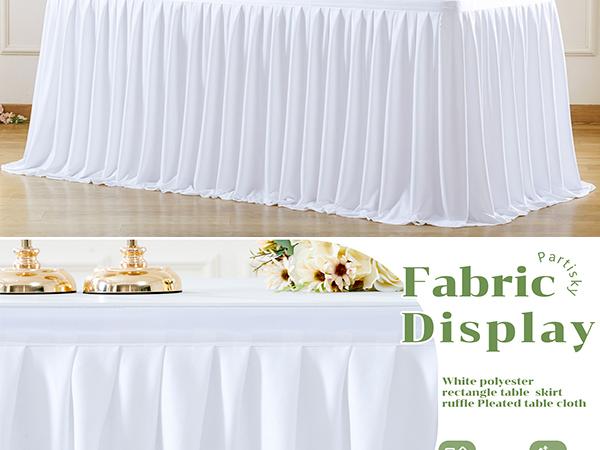 White Polyester Table Skirt for 6ft Rectangle Tables, Wrinkle-Resistant Pleated Ruffle Tablecloth with Easy Setup for Party & Event Decor