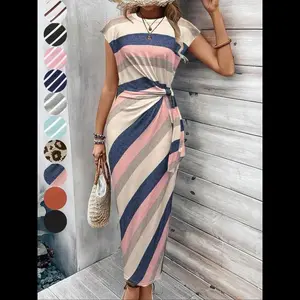 Women's Striped Print Knot Bodycon , Elegant Drop Shoulder Short  Long   Summer, Sundress Maxi , Teacup , Frenchy Style Ladies Clothes  Beach Holiday, Valentine's Day Gift  Girl for plus  size  wardrobe Women's Tied  Shirtdress Sleeve cute  cotton dress