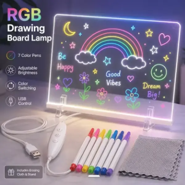 RGB Electronic Whiteboard Lamp with 7-Color Marker System & USB- Operation - Suitable for Office, 7-Level Adjustable Brightness, Desktop Board with Marker Holders, USB- Display for Drawing Board, Drawing Tools, Night Light, Gifts