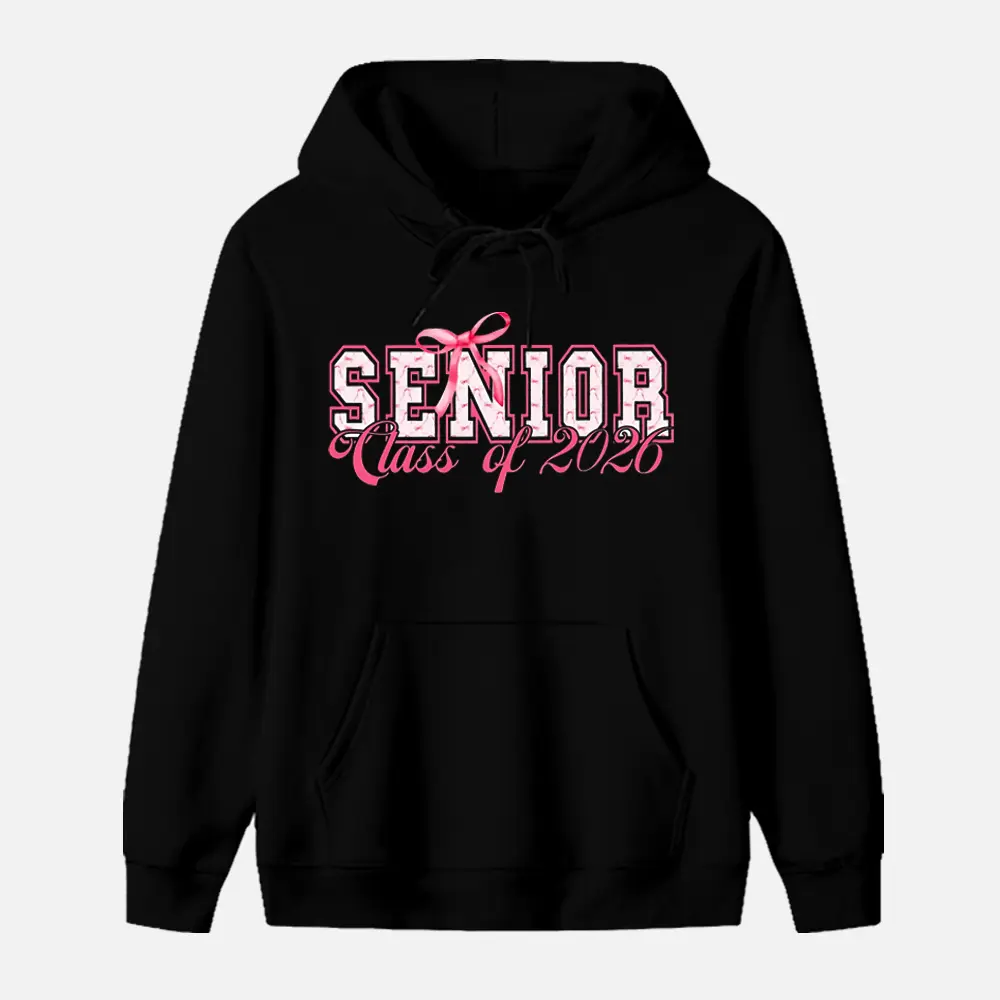 Women's Senior 2026 Cotton Sweatshirt, Casual Long Sleeve Pullover with Pink Bow Graphic, Black Graduation Gift for High School Senior Year, Black(Hoodie), All Seasons, Polyester