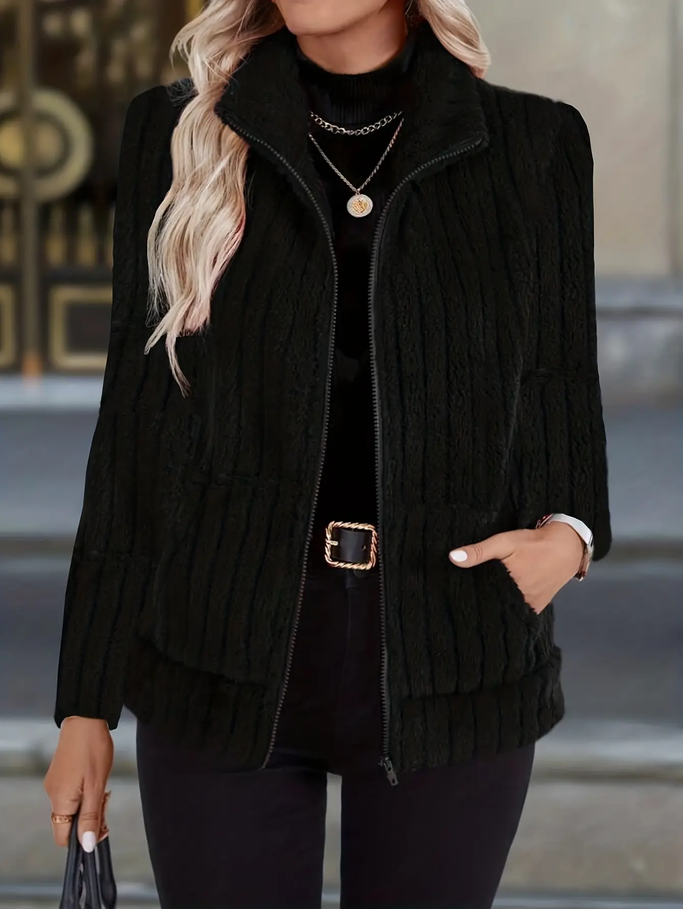 Plus Size, Women's Plus Size Winter -Lined Zip-Up Cardigan Jacket - Elegant Cozy Long Sleeve Coat with Pockets, Warm Outerwear for Fall/Winter, Machine Washable Solid Color (Suitable for Plus Size)