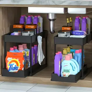 Sliding Sink Organizer Rack with Metal Frame, Pull-Out Storage Basket, Adjustable Storage, Space Saving Cabinet Organizer for Kitchen Bathroom Laundry Room