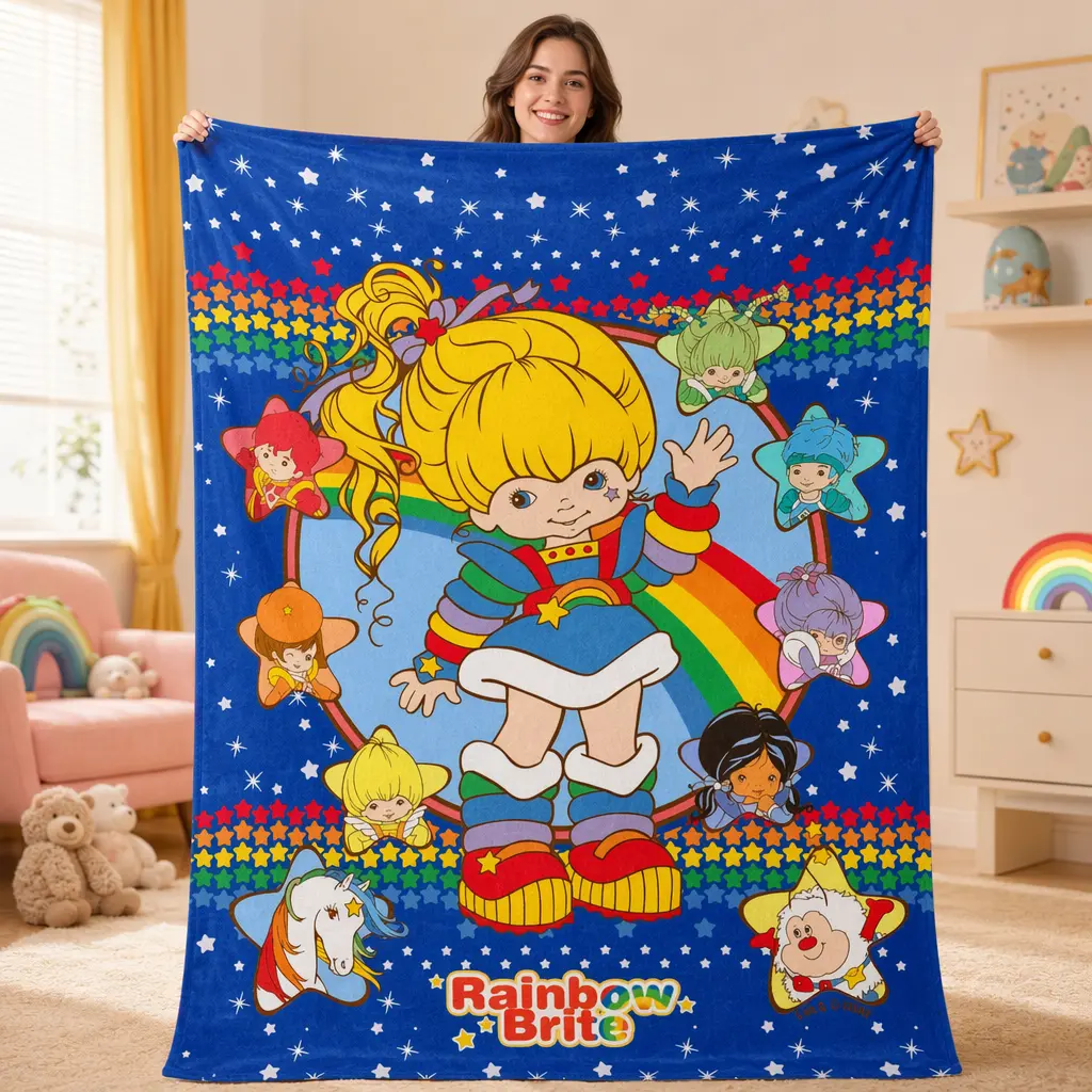 Rainbow Brite Flannel Throw Blanket - Fade Resistant Flannel Weave, Ultra-Soft Plush Fleece, Colorful Cartoon Print for Living Room, Kids Room Decor & Birthday Gift, Playful Look