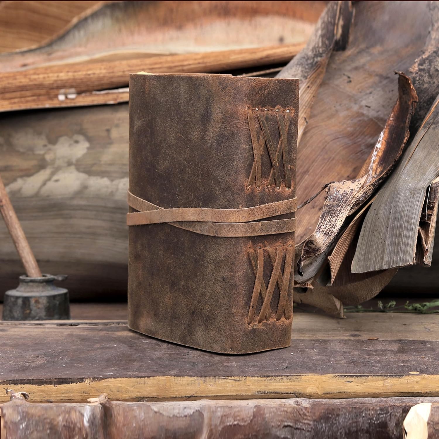 Vintage Leather Journal - Handmade Buffalo Leather Bound Diary with Deckle Edge Pages (5x7 Inch) 200 Pages