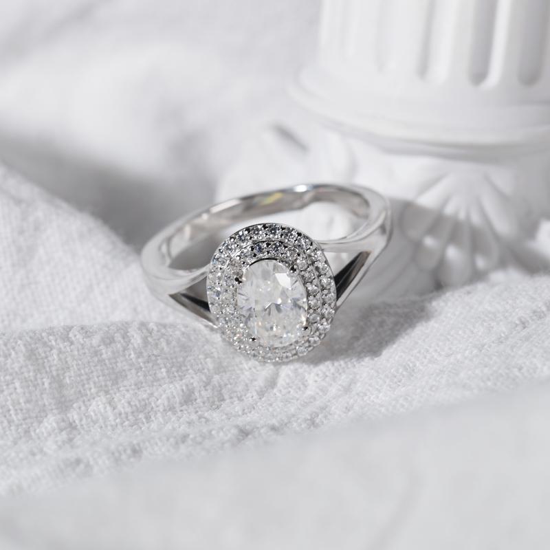 Delzzad 1ct Oval Synthetic Moissanite Double Halo Ring In 925 Sterling Silver Ring Band Jewelry Perfect Birthday Engagement Wedding Anniversary Christmas Gift for Women