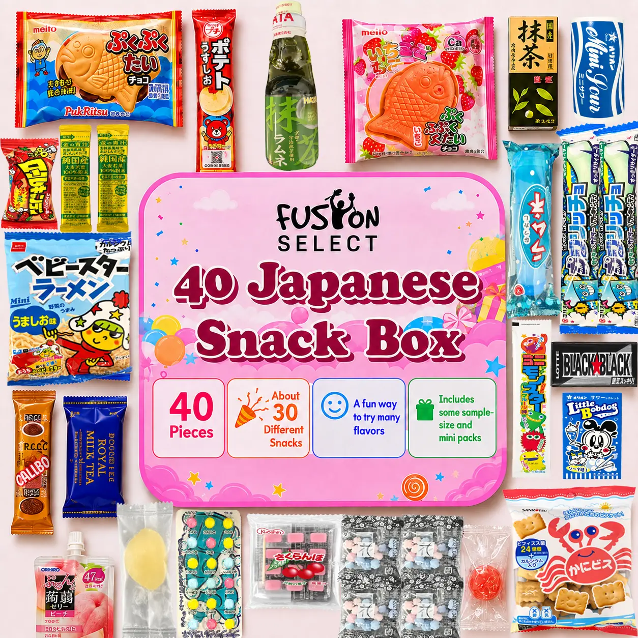 Fusion Select 40 Japanese Snack Box Gift Basket - Assorted Dagashi Box from Japan with Bubble Gum, Peach Juice, Fish-Shaped Wafer, Potato Crisps, Animal-Shaped Biscuits, Corn Chips, Gummies