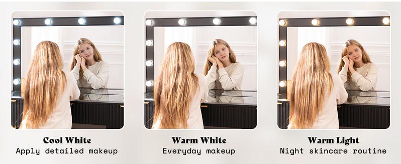 VanAcc 36.2/47.2" Fluted Vanity Desk with Mirror and Adjustable LED Lights, Large 4/7 Drawers Makeup Table with Glass Top and Charging Station for Women and Girls, Bedroom or Dorm