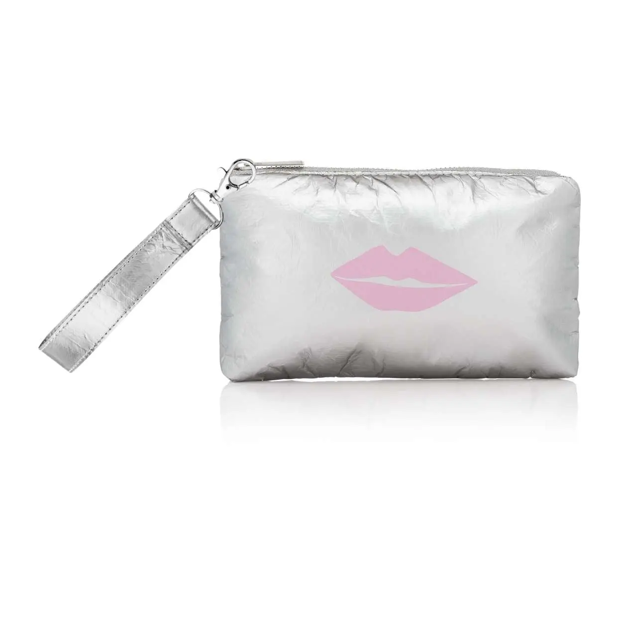 Zip Wristlet - Silver with Pink Lips