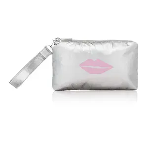 Zip Wristlet - Silver with Pink Lips