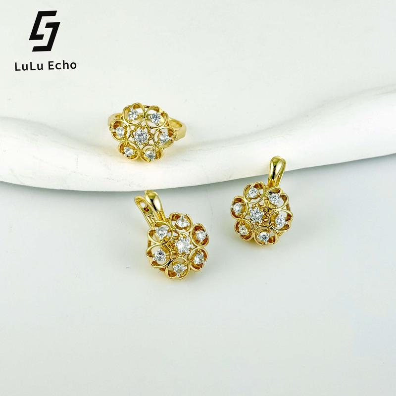 LuLuEcho New Fashion Jewelry Set 14K Gold Plated with Elegant Floral Earrings & Ring for Women's Modern Style