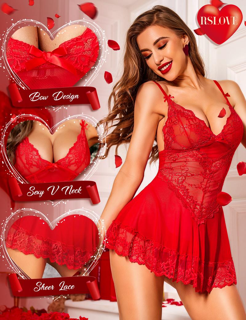 RSLOVE Valentine's Day Ultra-Soft Contrast Lace Lingerie Set - Stretchy High-Waist Babydoll with Scalloped Details - Vibrant Colors for Every Mood - Floral Fitted Loungewear Womenswear