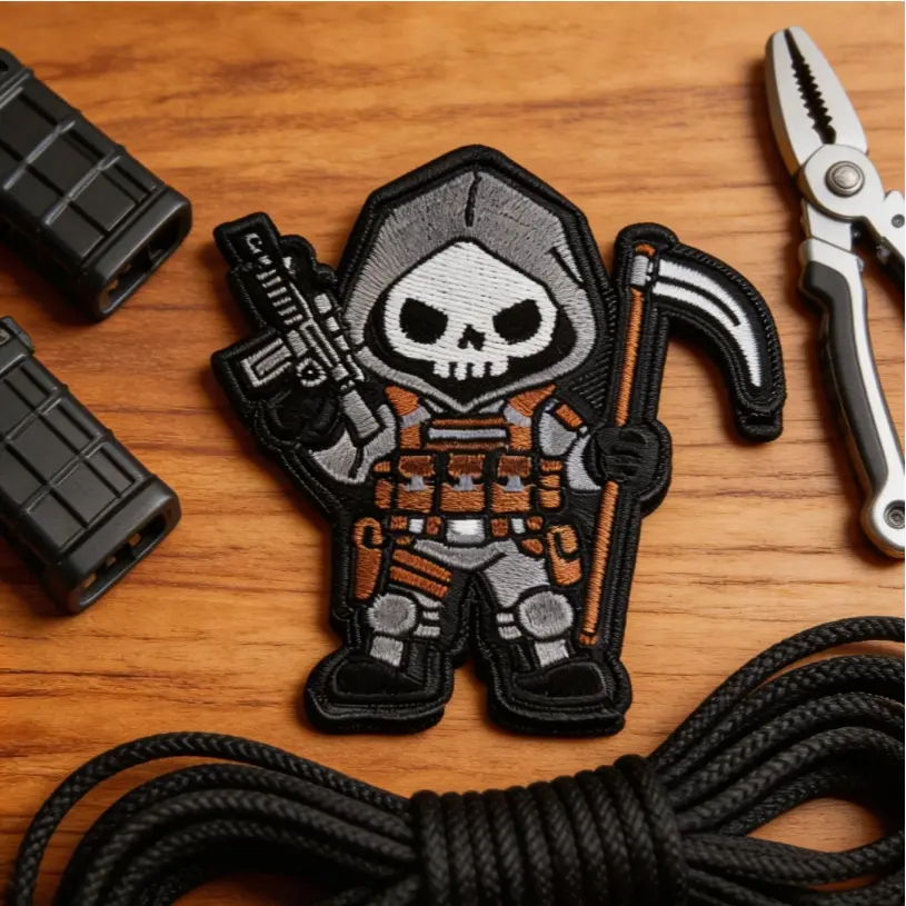 Cute Death Tactical Patch for Backpack Vest Jacket DIY Equipment, Embroidered Velcro Patch, Perfect for Bags Vests Jackets, Unique Skull Embroidery Design