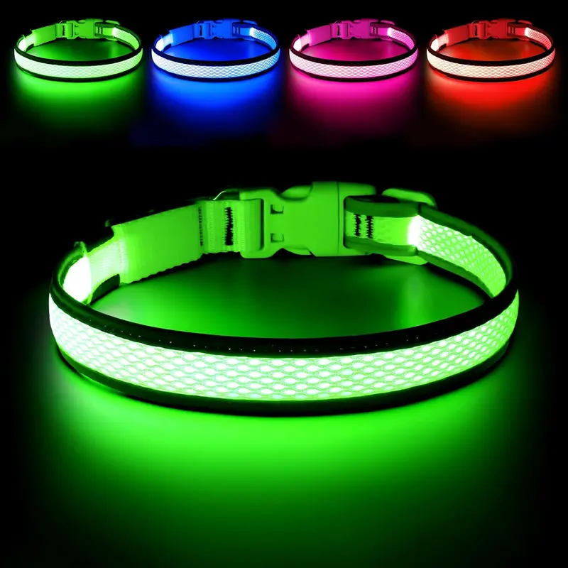 High-Visibility LED Safety Glow Dog Collar - Nylon Soft Mesh, USB Rechargeable, Adjustable, Comfortable & Durable Material, 3 Light Modes (Quick Flash Included), 5 Sizes (XS-XL), Nighttime Walks Compatibility, For Small/Large Dogs