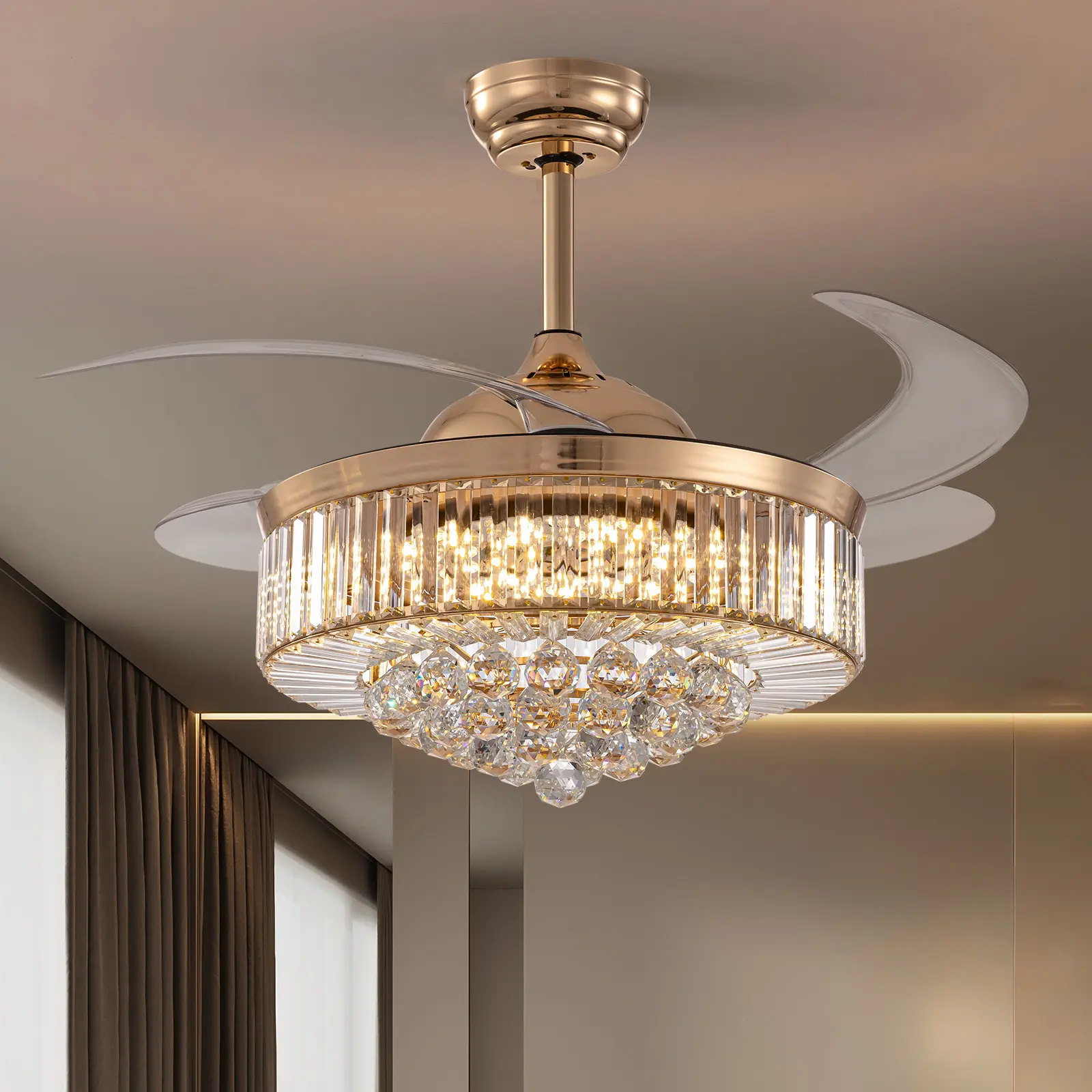 Gold 42"/48" Crystal Chandelier Ceiling Fan with Decorative Dimming Lights, Remote Control for Bedroom, Dining Room - Indoor Light Valentine's Day Gift, Decorative Lights